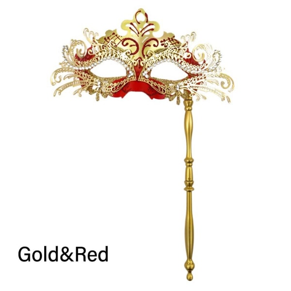 Maskeradmask med hållpinne GOLD&RED GULD&RED