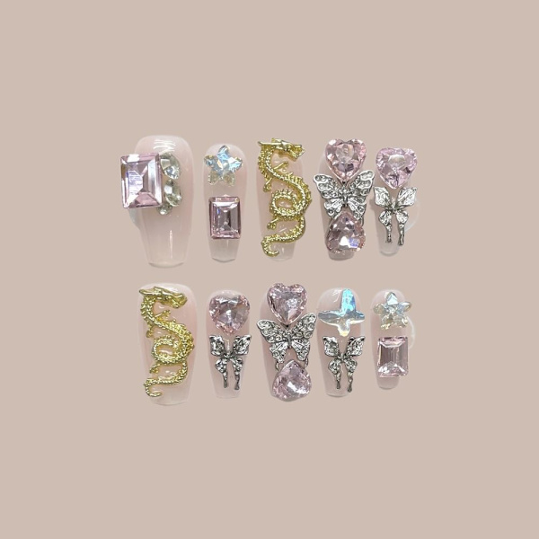 Pure Manual False Nail Heart Cube Crystal Handmade Nails M M