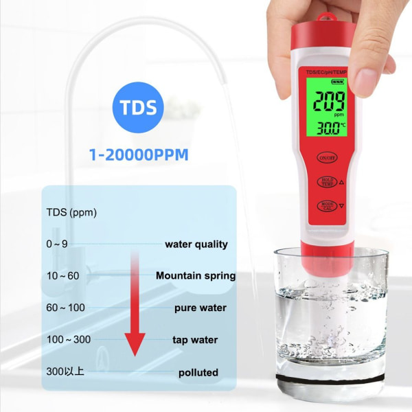 4-i-1 digitalt pH-måler med pH/TDS/EC/Temp-funktion med ATC