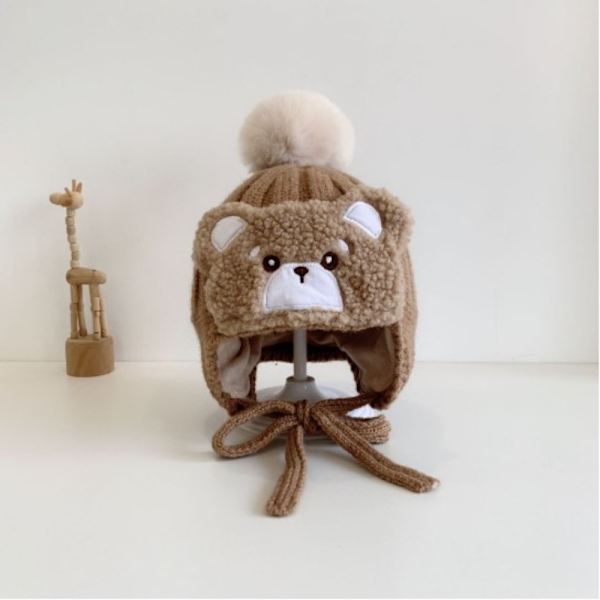 Stor Pompom Baby Vinter Varm Hat Cartoon Bear Tjockt öra Coffee