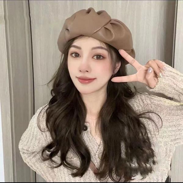 Beret Cap PU Skinn Berets KHAKI Khaki