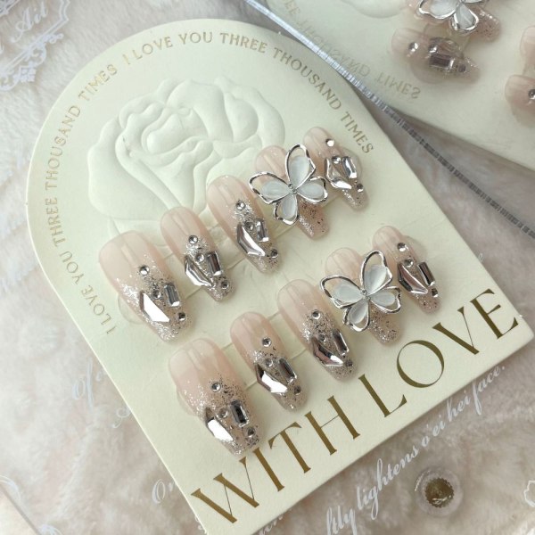 10st/kartong 3D Butterfly Handmade Nails Splinter Diamond False SShort
