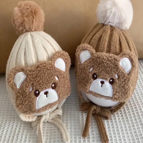 Stor Pompom Baby Vinter Varm Hat Cartoon Bear Tjockt öra Coffee