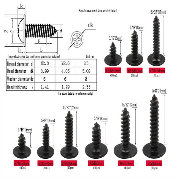 900 stk. M2.3 M2.6 M3 selvskærende skruer Selvskærende skruer