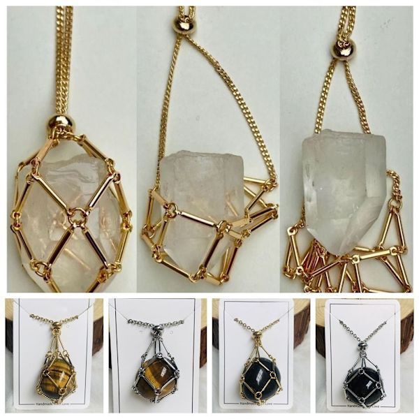 Crystal Holder Cage Necklace Crystal Net Metal Halsband GULD Gold Red Jasper-Red Jasper