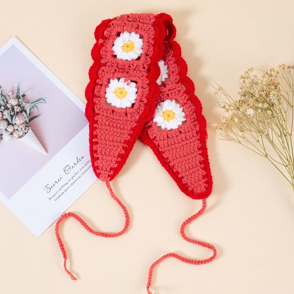 Heklet blomsterhodebånd Skjerf Strikket hårbånd RØDT Red