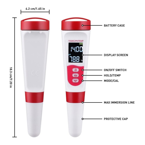 PH Meter Digital 4 in 1 PH EC TDS Lämpömittari 0-14 PH