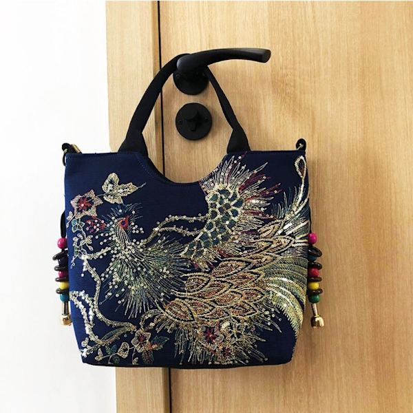 Peacock Broderet Tote Bag Lærred Håndtaske SORT NORMAL black normal version-normal version
