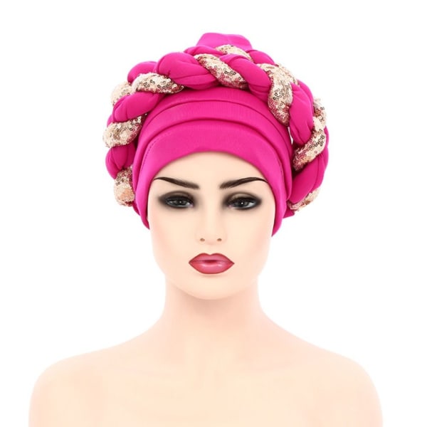 Turbans Cap Paljett Fläta Hatt ROSE RÖD Rose Red