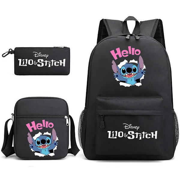 3-delt Set Stitch Ryggsekk Skulderryggsekk Canvas SORT B ​​B BLACK B