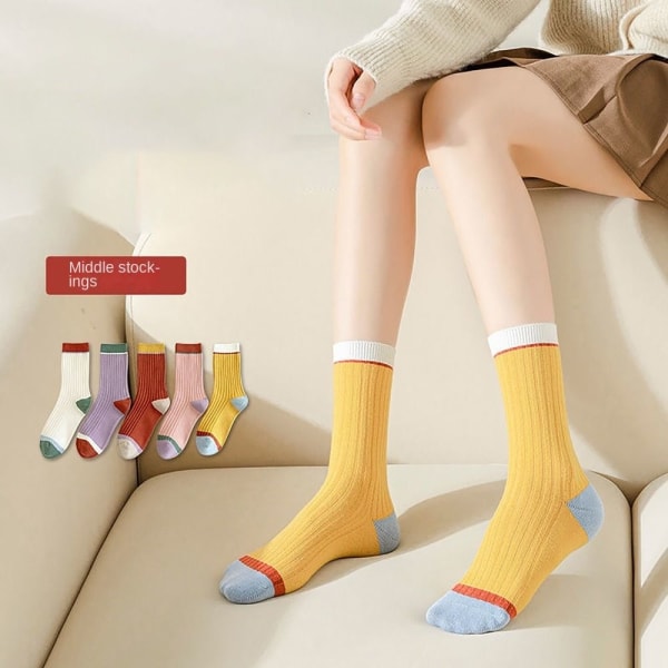 5 par Harajuku Retro Sokker Stribede Dame Sokker MULTICOLOR MULTICOLOR