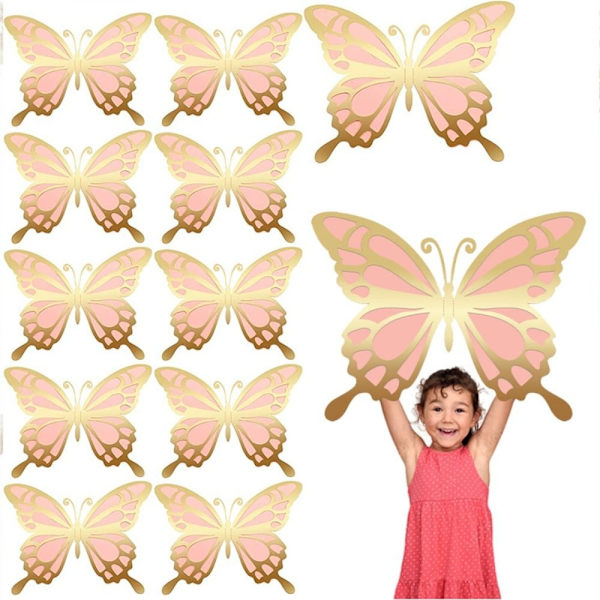 12 Stk 3D Sommerfugle Vægpinde Papir Sommerfugle Sæt Dyr Pink Gold 12pcs-12pcs