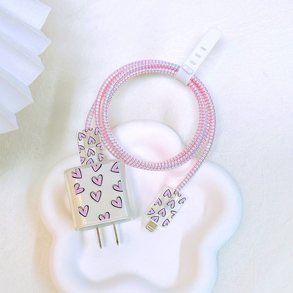 2Set Datakabel Winder Laddare Adapter Case ROSA HJÄRTA ROSA Pink Heart