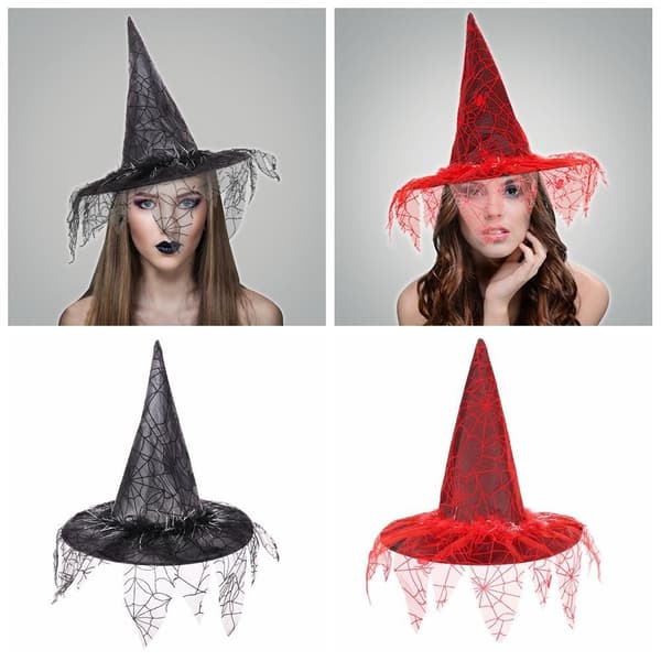 Halloween heksehatte med web slør RØD Red