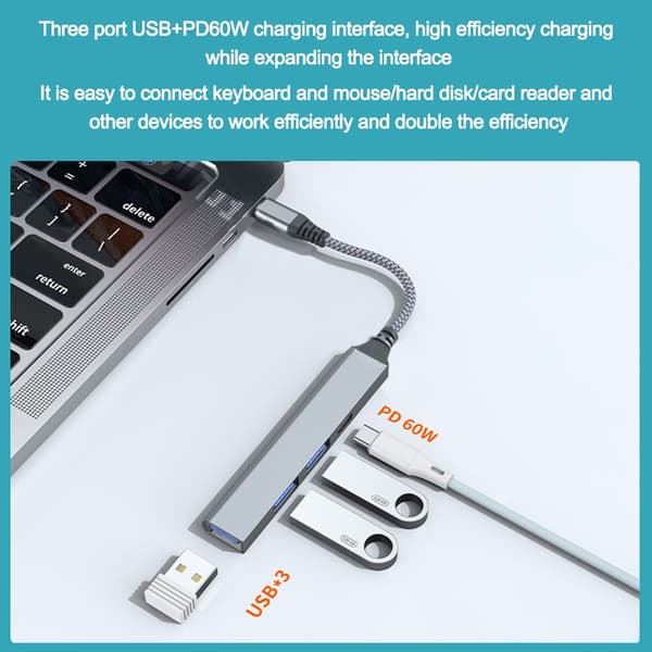 4 Portar Typ-C HUB USB 3.0 Expander Splitter PD 60W silver