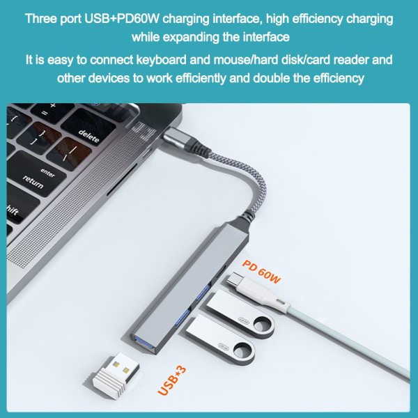 4 Portar Type-C HUB USB 3.0 Expander Splitter PD 60W silver