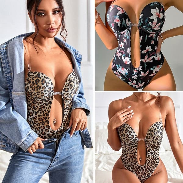 U Plunge Ryggløst Undertøy Usynlig Push Up BH SLEOPARD SLeopard Print