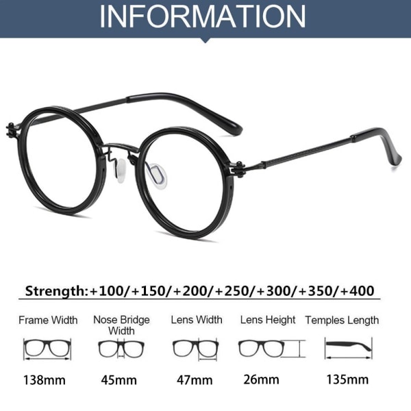 Anti-blått lys lesebriller Runde briller SVART STYRKE Black Strength 150