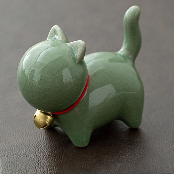 Naturlig keramikk Katt Hund Tre Valp Figurer DYP GRØNN Deep Green