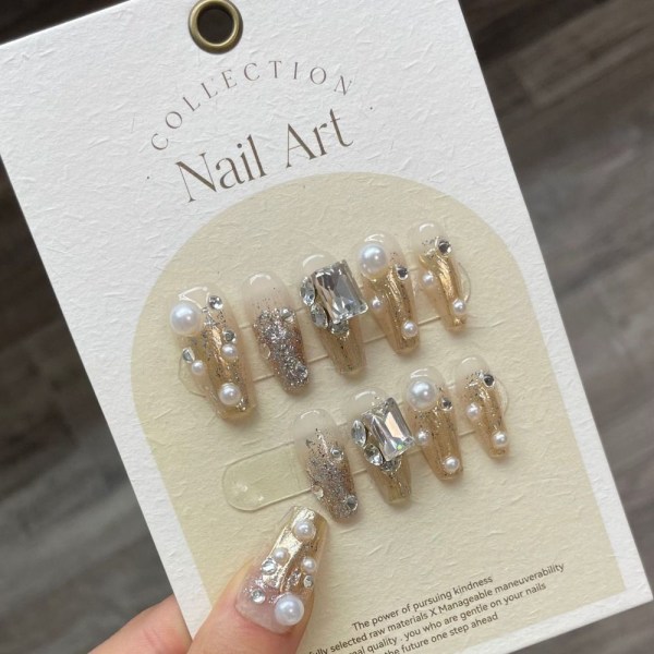 10 kpl/laatikko Champagne Glitter Käsintehdyt Nails Pearl Diamond False M