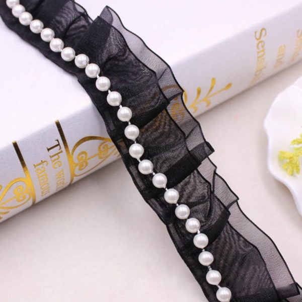 Håndsyet Pearl Pearl Braid Lace Ribbon SORT DOBBELT black double