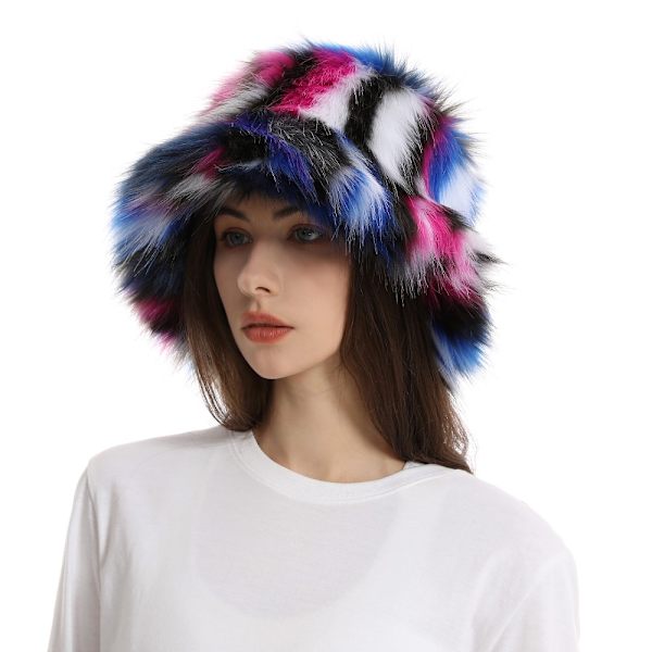 Faux Fur Bucket Hat Regnbuefarve Varm Tyk Plys Hat GRØN Green Red