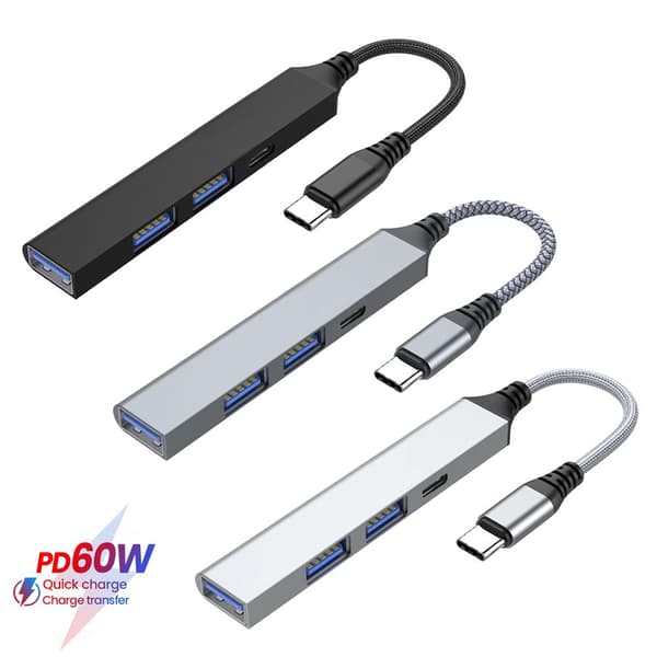 4 Portar Typ-C HUB USB 3.0 Expander Splitter PD 60W silver