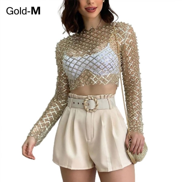 Sexy Crop Topper for kvinner Mesh Pearl Topper GOLD M M Gold M-M