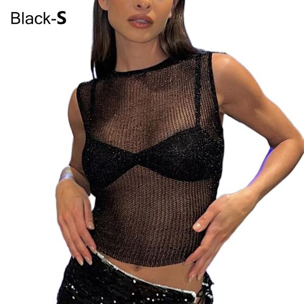 Naisten Crop Topit läpinäkyvä mesh T-paita MUSTA SS Black S-S