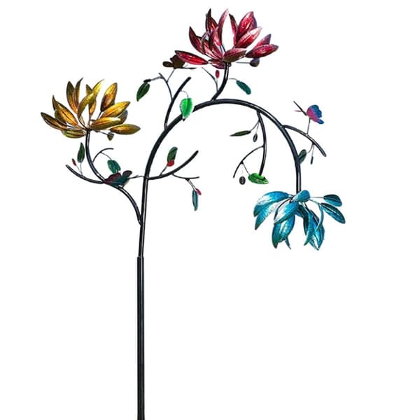 Metal Wind Spinner Three Spinning Flowers Windmill Decor