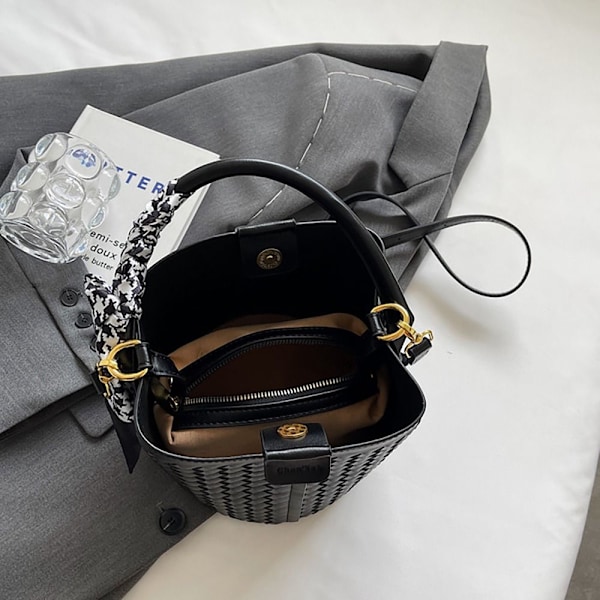Vævet Bucket Bag Crossbody taske SORT BLACK