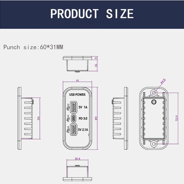 Billaddar Uttag USB Laddningssplitter 2.1A 1A PD3.0