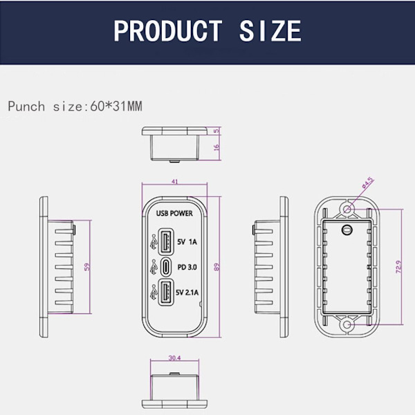 Bilopladerstik USB-opladningssplitterudtag 2.1A 1A PD3.0