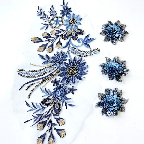 Mesh Broderi Blomma Spets Patch Paljett Broderad Patch CC C