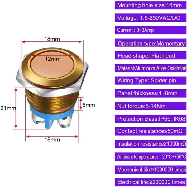 2 stk. trykknappbryter 16 mm 3A/12V 24V 36 DC