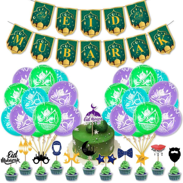 1 sæt Eid Mubarak Banner Bunting Latex Ballon E E