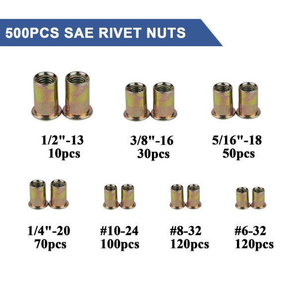 500st Nitmuttersats SAE UNC Nitmutter Sortiment Nitnings- och