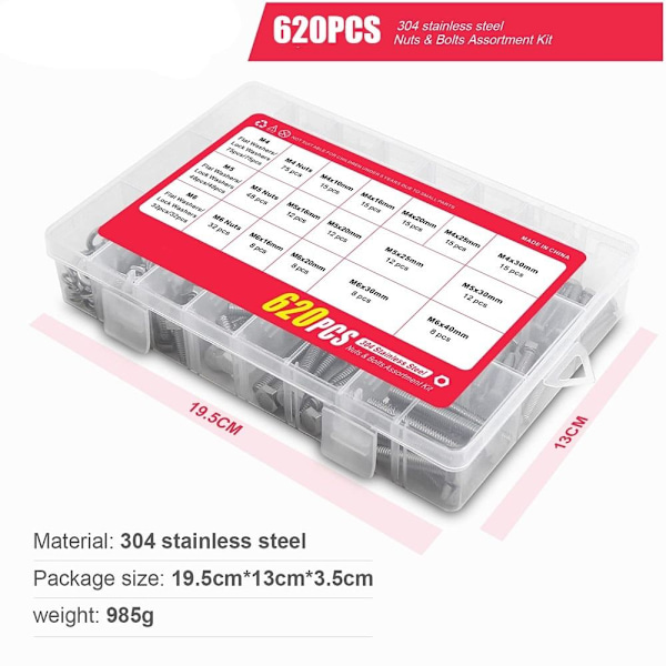 620 STK Bolte og møtrikker Flade & Låseskiver Sortiment Rustfri