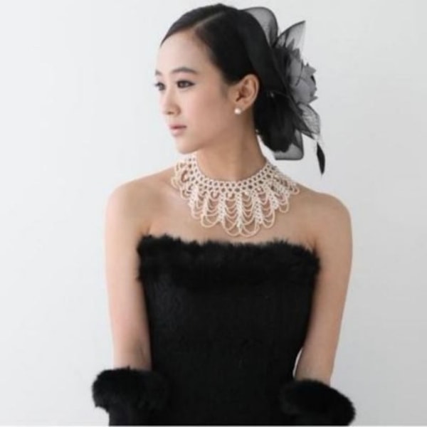 Lace Trim Collar Pearl Fake Collar WHITE white