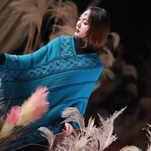 Mongolsk poncho twill stripe dusk sjal PÅFÅNG BLÅ peacock blue