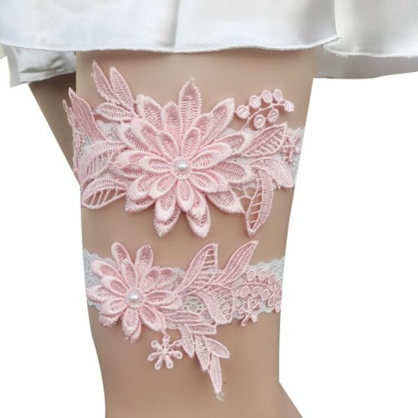 2 ST Lace Flower Pearl Strumpeband Stretch Strumpeband LJUSROSA light pink