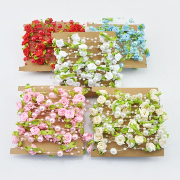 Artificial Rose Flowers Garlands Faux Pearls Beads Chain PINK pink
