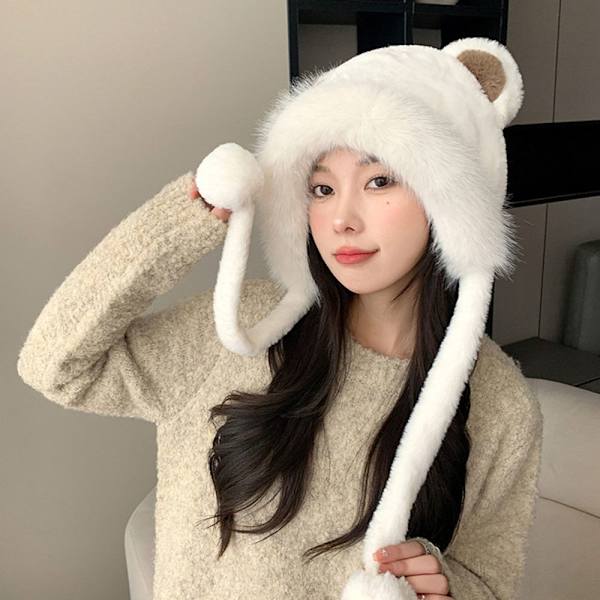 Faux Fur Beanies Hattu Kissa Korva Neulottu Cap VALKOINEN white