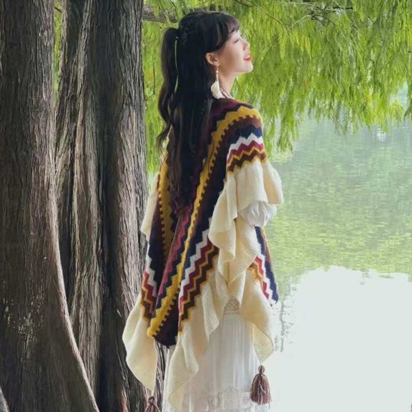 Mongolisk Poncho Cardigan Tofs Sjal KAFFE&ORANGE coffee&orange