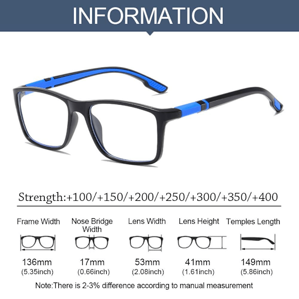 Anti-Blått Ljus Läsglasögon Fyrkantiga Glasögon BLÅ STYRKA Blue Strength 150
