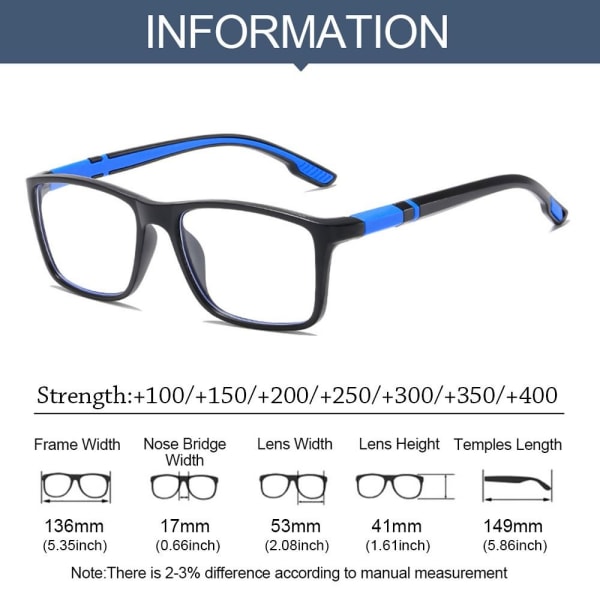 Anti-Blue Light Läsglasögon Fyrkantiga glasögon BLÅ STYRKA Blue Strength 250