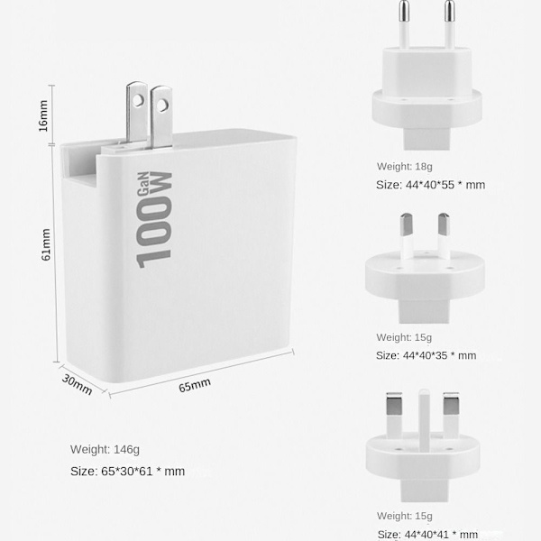 100W GaN Laddare Adapter Dual Typ C QC3.0 USB-A EU-PLUGG