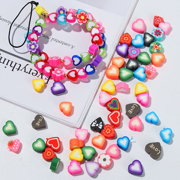 100PCS Blossom Polymer Clay Spacer Lösa pärlor Fruit Love Heart