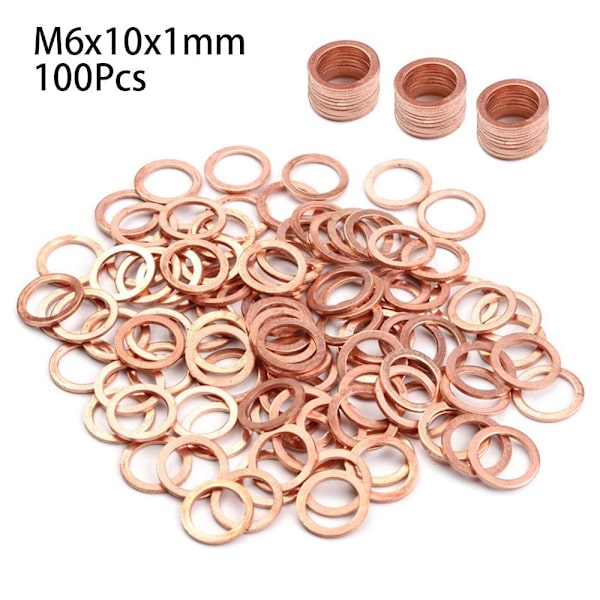 50 stk/100 stk kobberskive flat ringpakning 100 stk M6X10X1MM 100Pcs M6x10x1mm