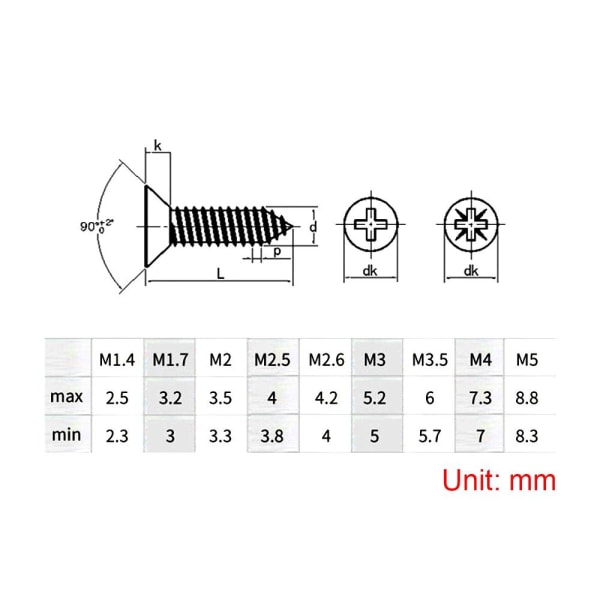 200 stk/pakke selvskruende skruer med flatt hode 200 STK M1.4X3 200pcs M1.4x3